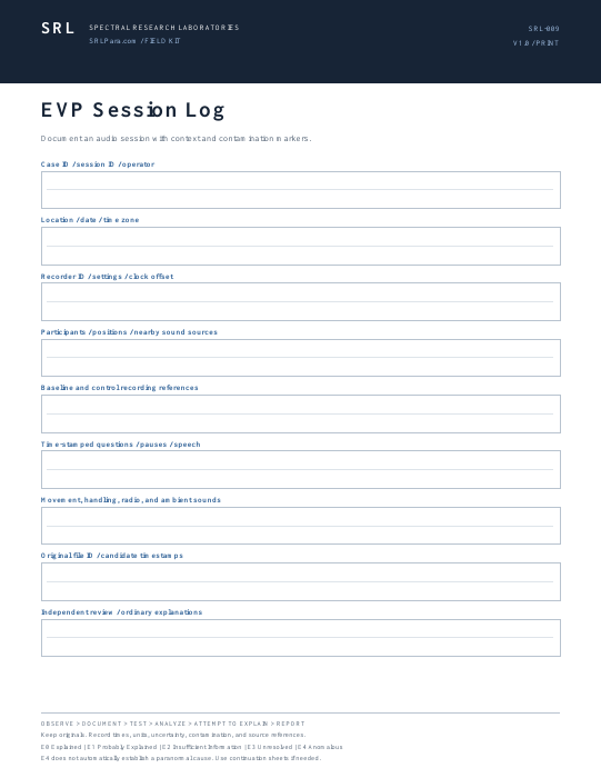 Preview of the actual EVP Session Log worksheet